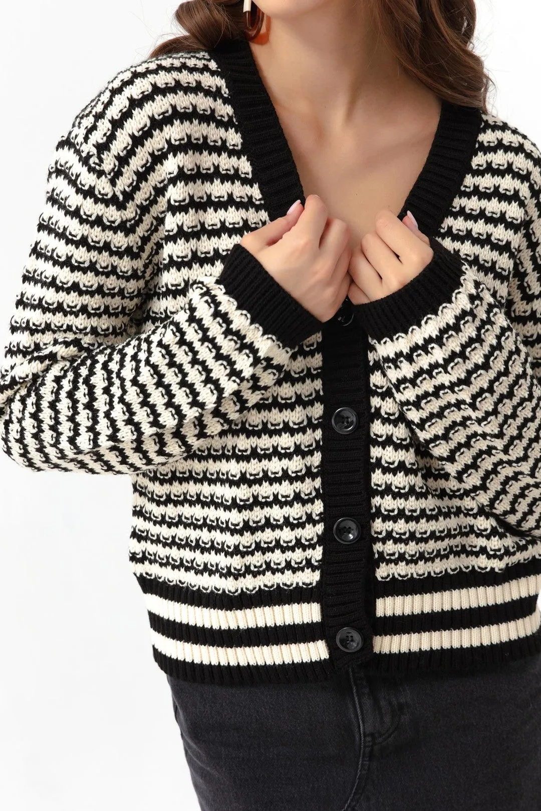 Female Striped Button Detailed Overwhelm Knitwear Cardigan