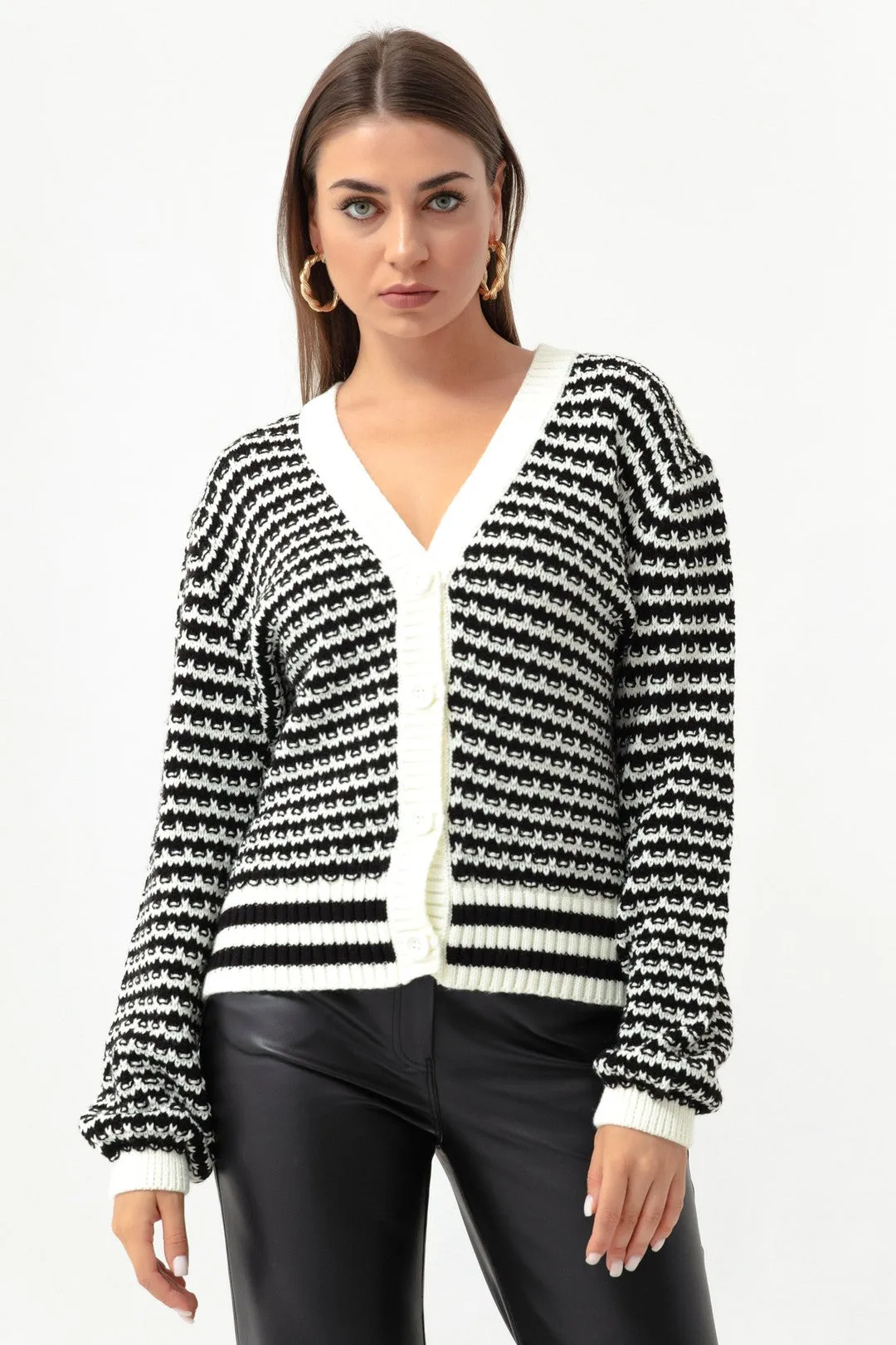 Female Striped Button Detailed Overwhelm Knitwear Cardigan