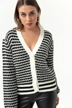 Female Striped Button Detailed Overwhelm Knitwear Cardigan