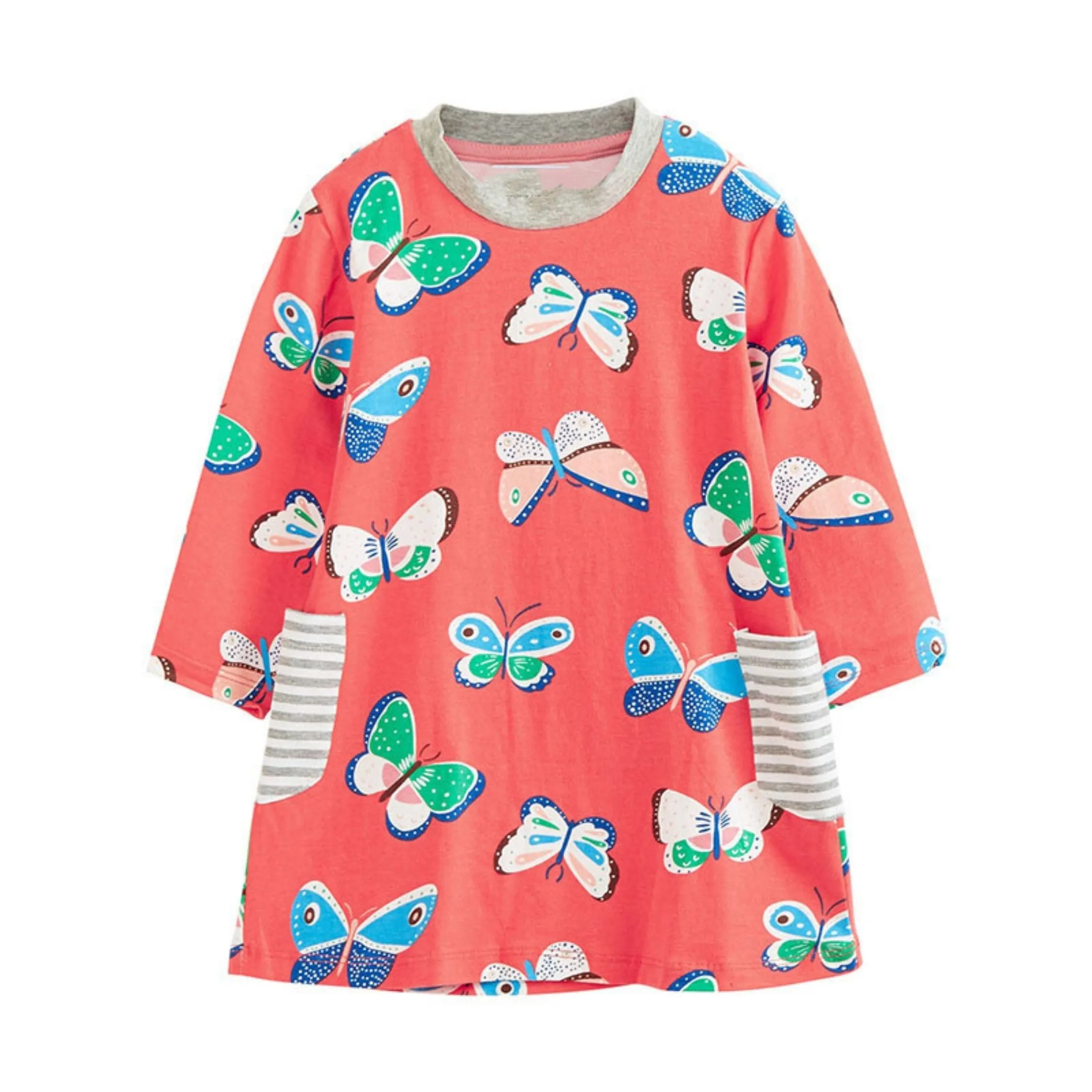 Full Sleeve Crew Butterfly Pattern  Girls Dress, Pink