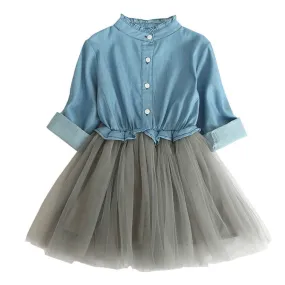 Full Sleeve Denim Design Flutter Girls Dress, Blue