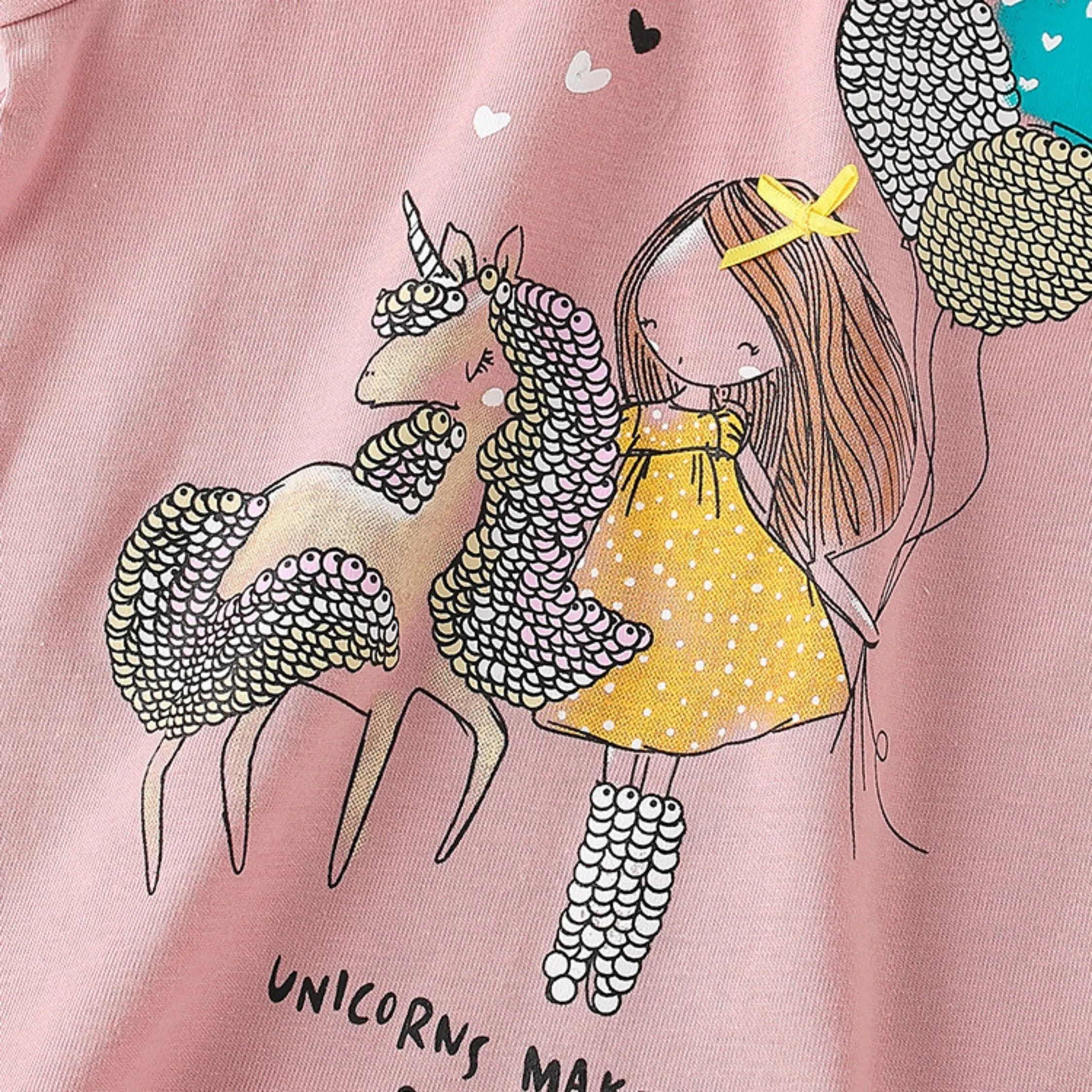 Full Sleeve Unicorn's Girl & Baloons Theme Girls T-Shirt, Pink