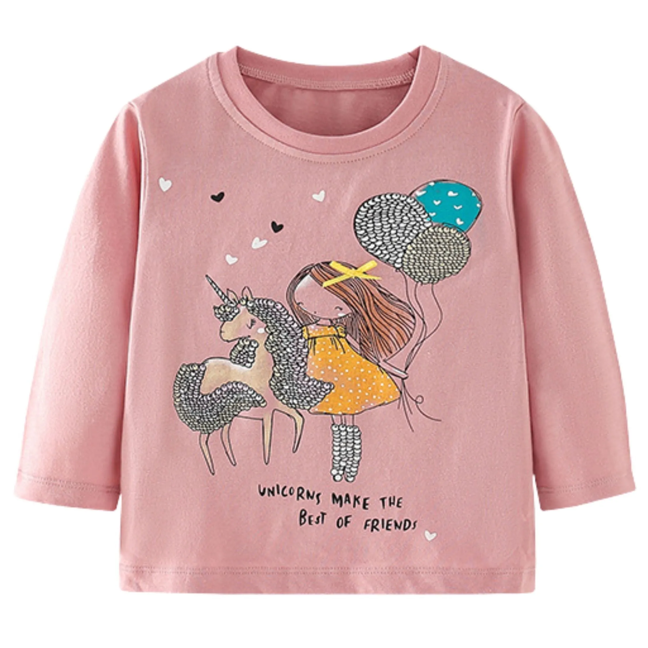 Full Sleeve Unicorn's Girl & Baloons Theme Girls T-Shirt, Pink