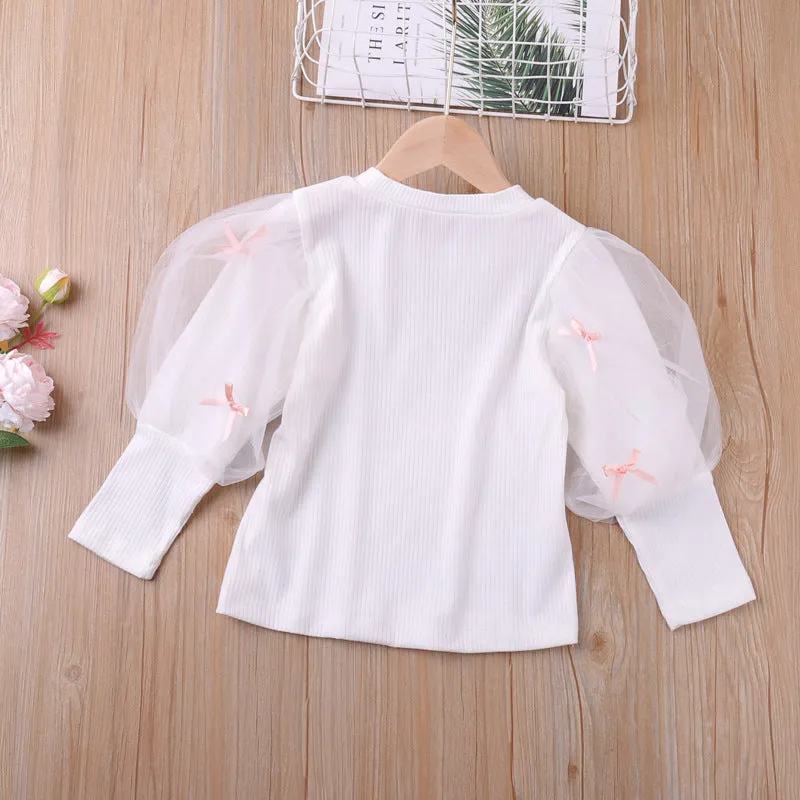 Girls Contrast Floral Mesh Bow Shoulder Top