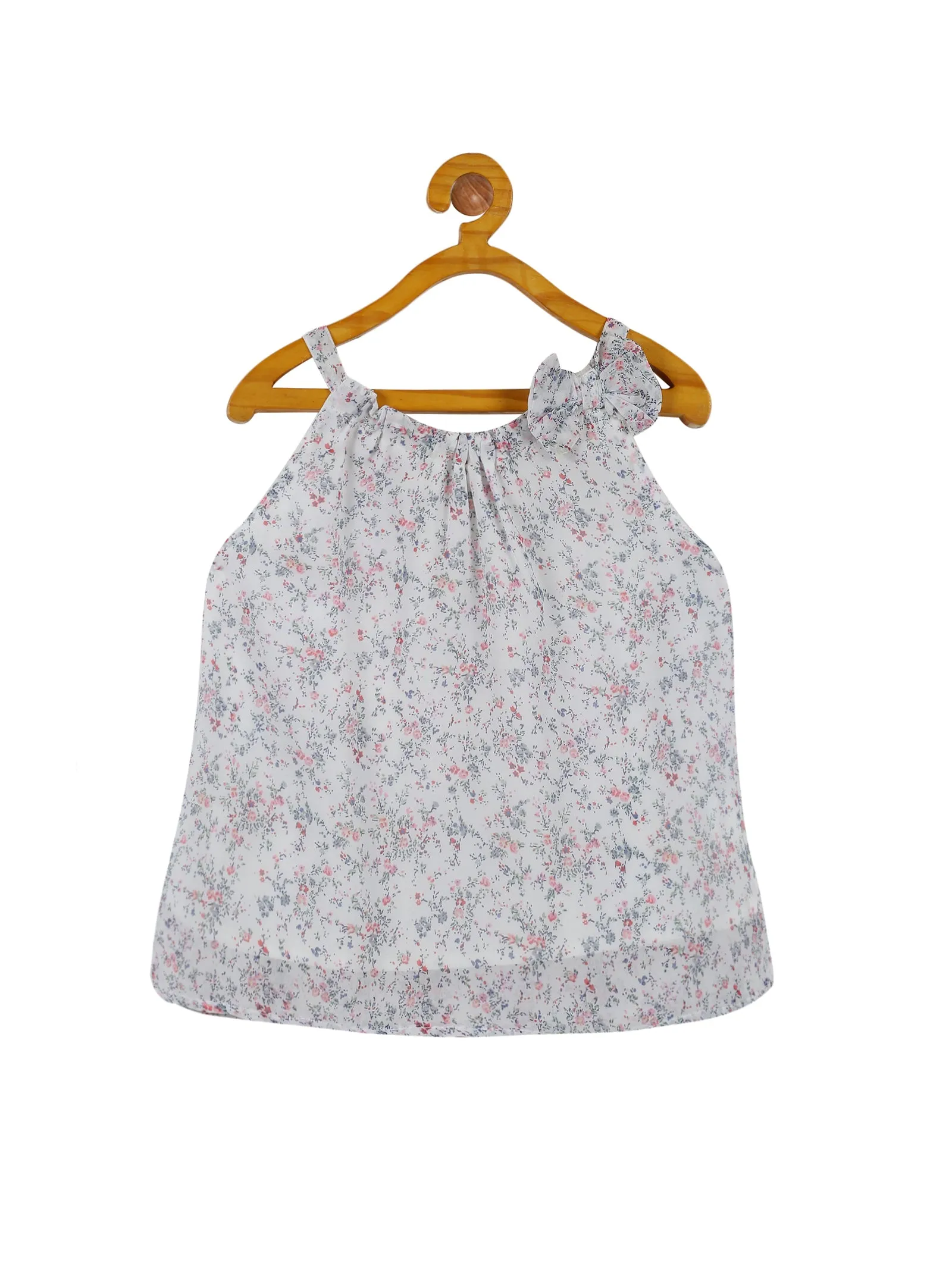 Girls Halter Neck Strap Top With Bow & Denim Shorts Set