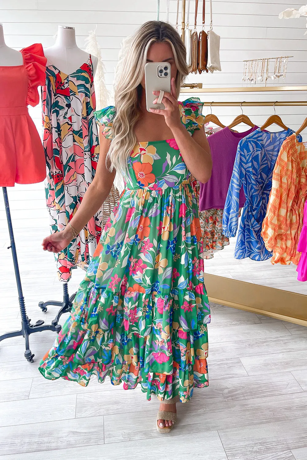 Green Floral Print Sleeveless Ruffle Tiered Maxi Dress