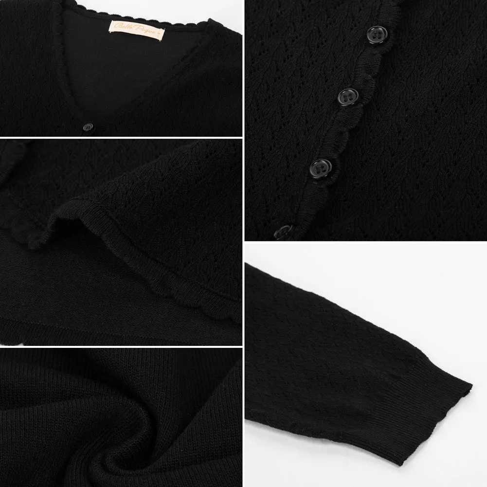 Hollowed-Out Cardigan 3/4 Sleeve V-Neck Button-up Knitwear