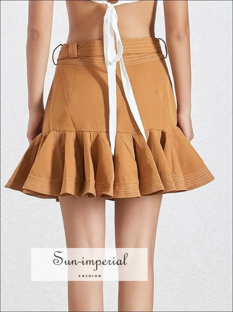 Journey Skirt - a Line Solid Belted Mini Skirt High Waist Ruffles