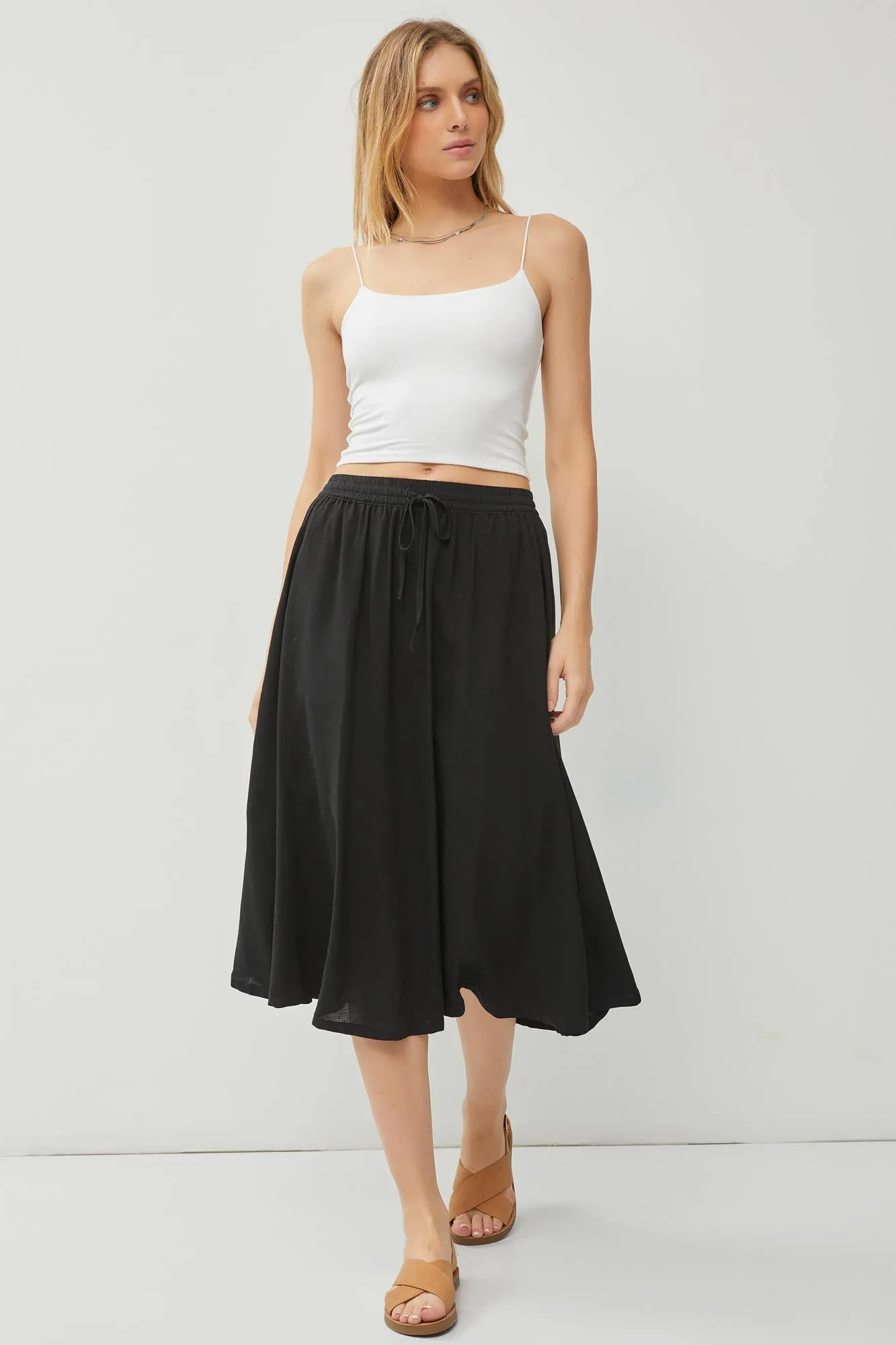 LINEN BLEND DRAWSTRING A-LINE FLARE MIDI SKIRTS