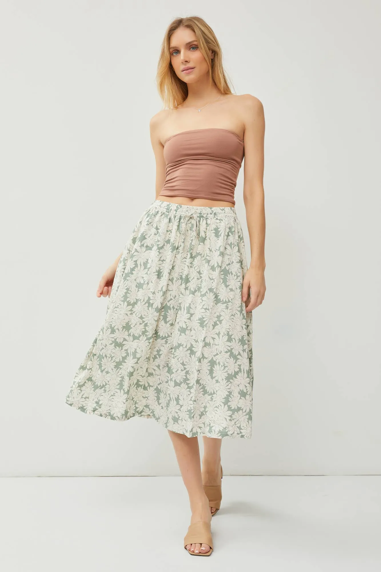 LINEN BLEND DRAWSTRING A-LINE FLARE MIDI SKIRTS