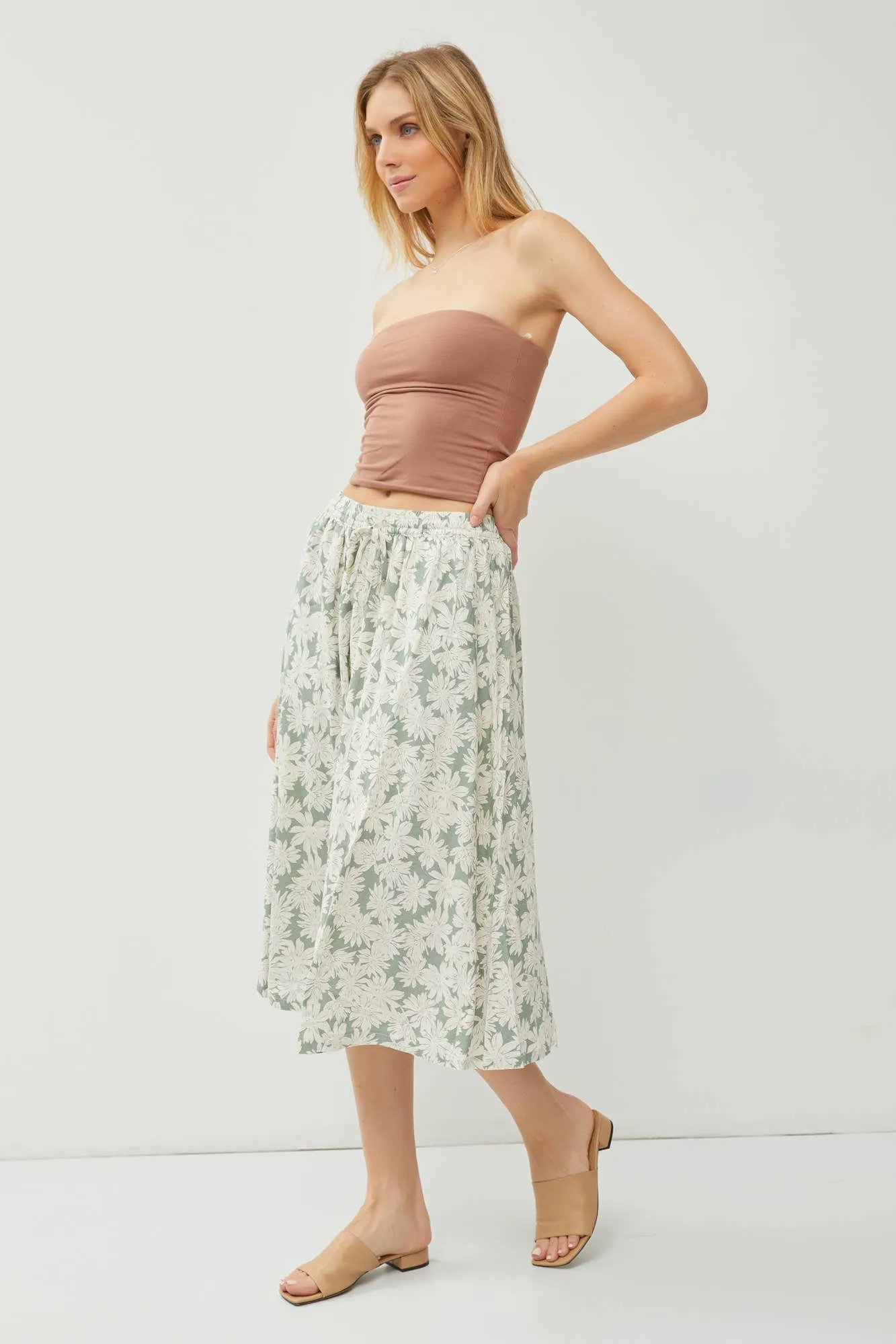 LINEN BLEND DRAWSTRING A-LINE FLARE MIDI SKIRTS