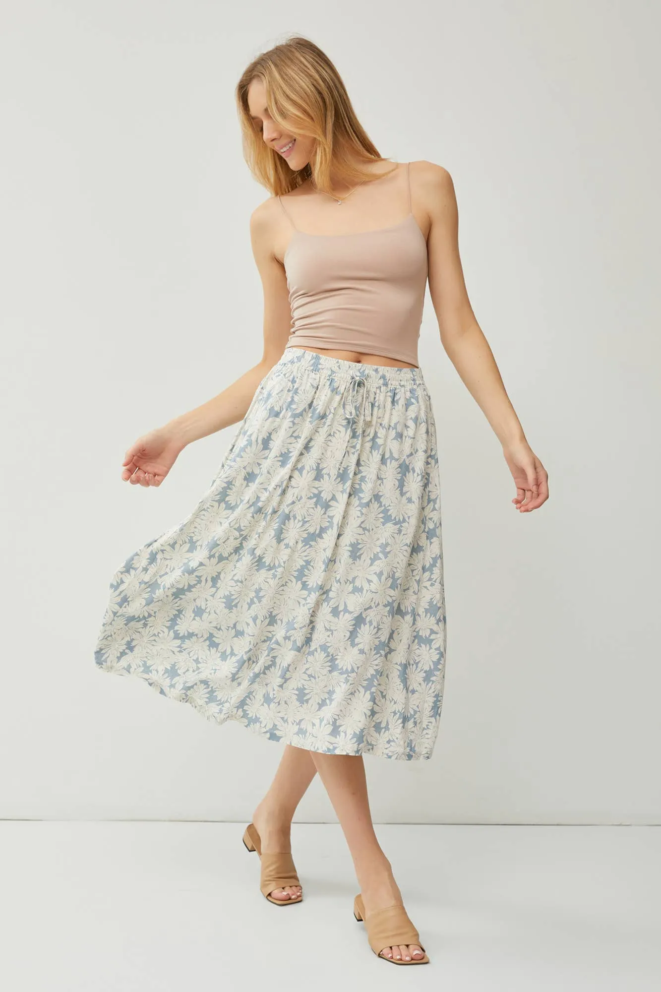 LINEN BLEND DRAWSTRING A-LINE FLARE MIDI SKIRTS