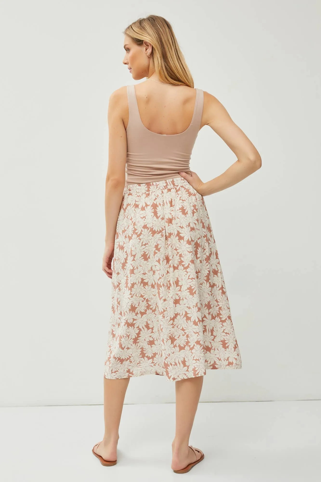 LINEN BLEND DRAWSTRING A-LINE FLARE MIDI SKIRTS