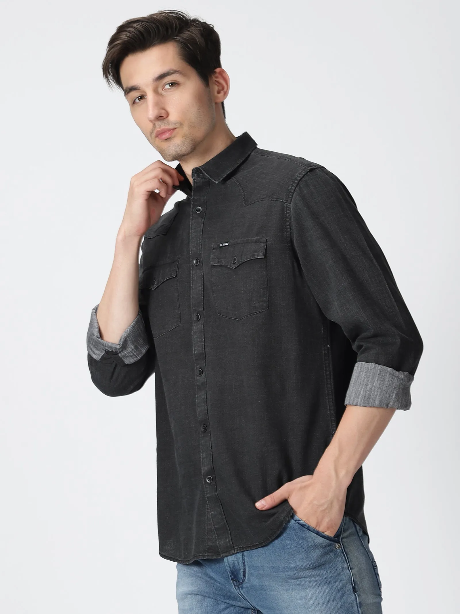 MEN'S BLACK SOLID SLIM FIT SHIRT