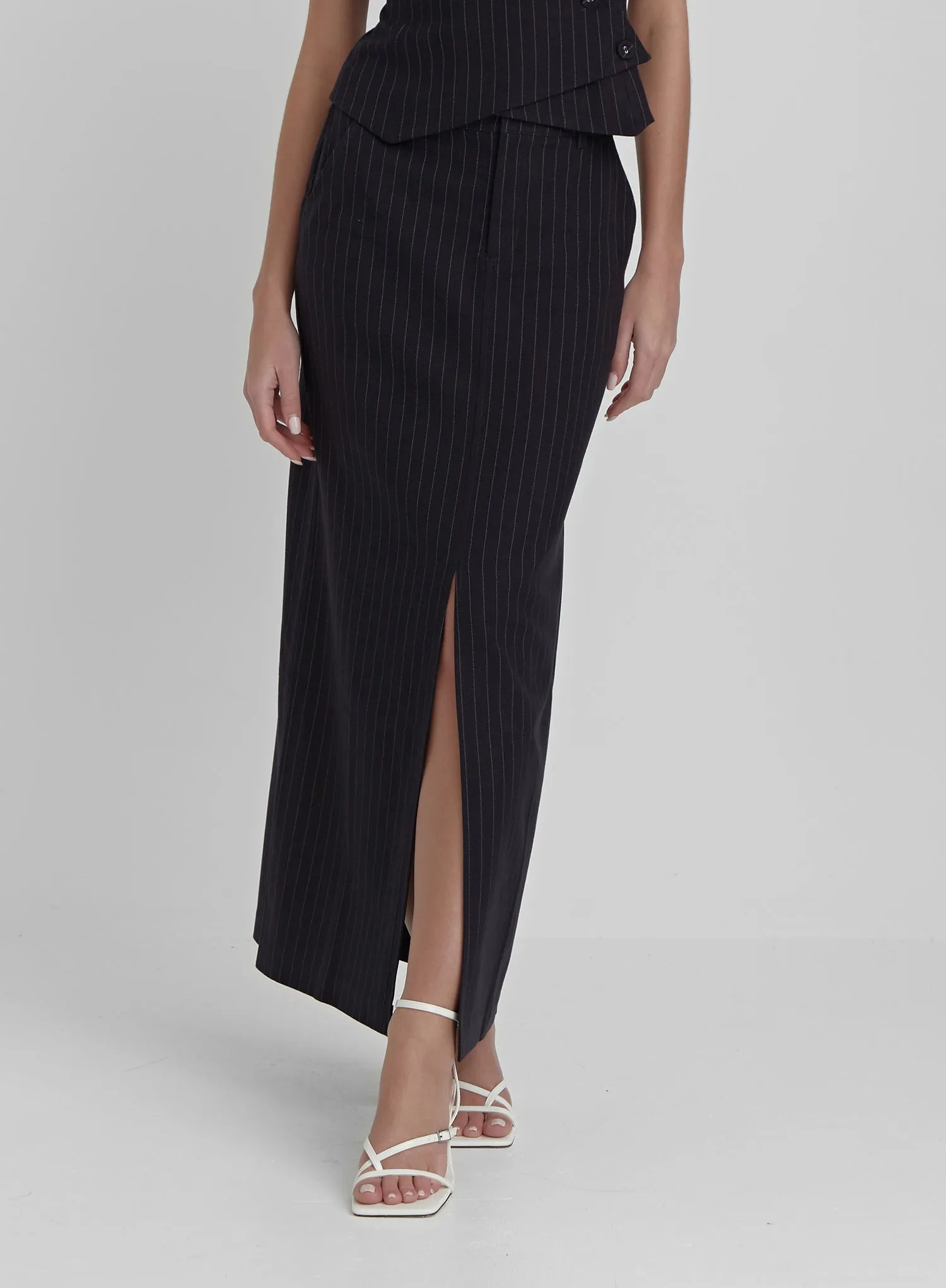 Navy Pinstripe Midaxi Skirt- Ruth