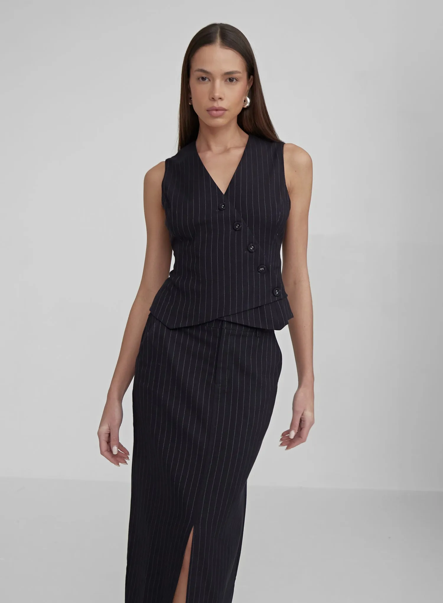 Navy Pinstripe Midaxi Skirt- Ruth