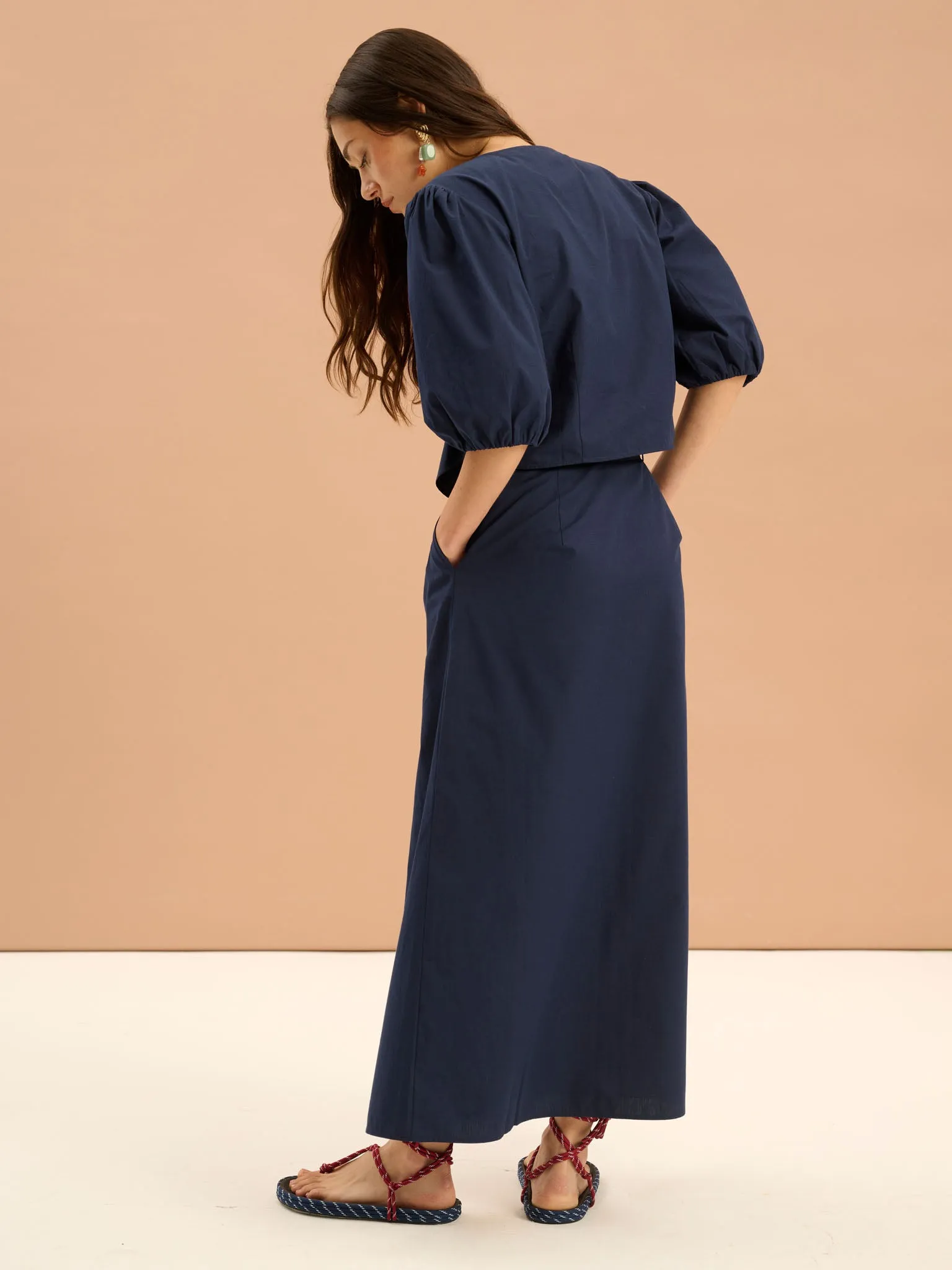 Olive A Line Midi Skirt in Navy