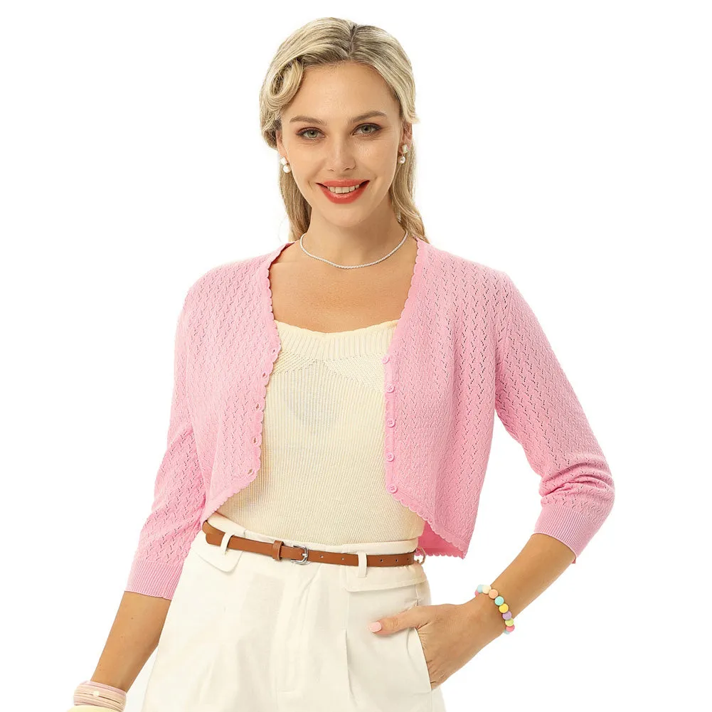 Open Front Scalloped Knit Cropped Cardigan