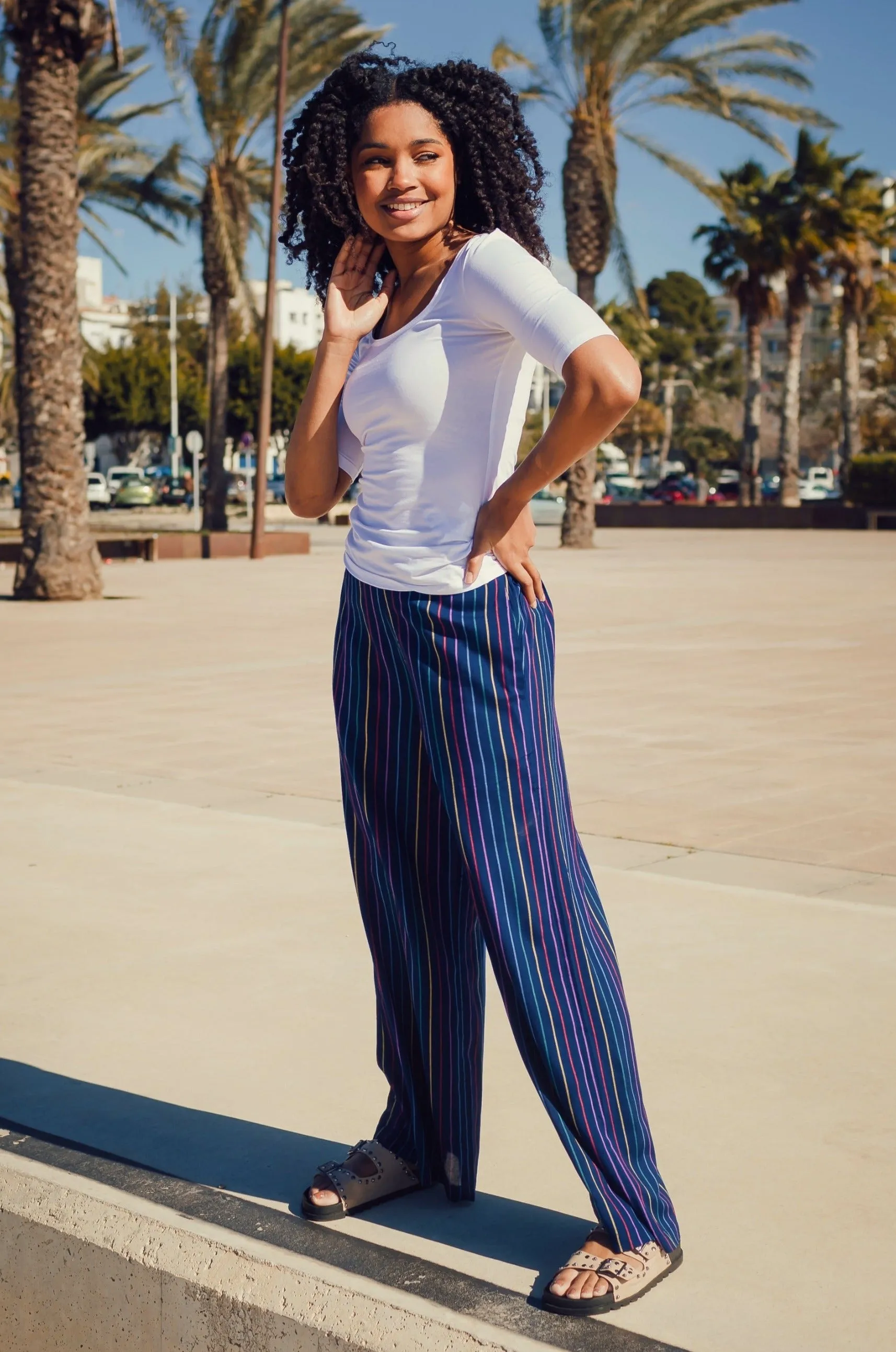 Patsy Palazzo Pants - Navy, Thin Rainbow Stripe