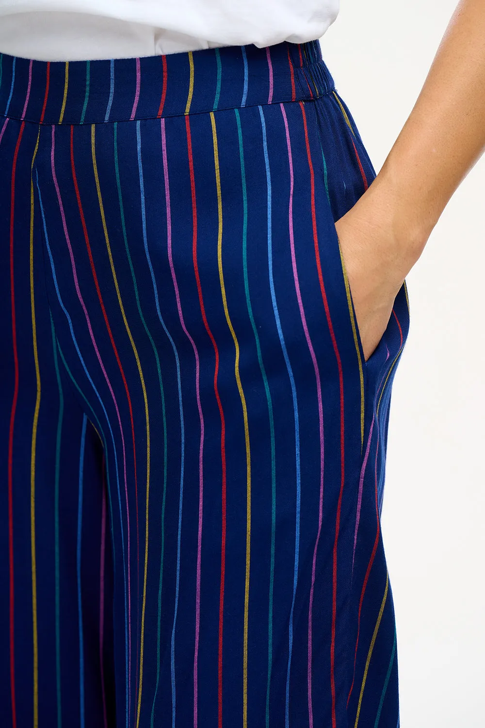 Patsy Palazzo Pants - Navy, Thin Rainbow Stripe