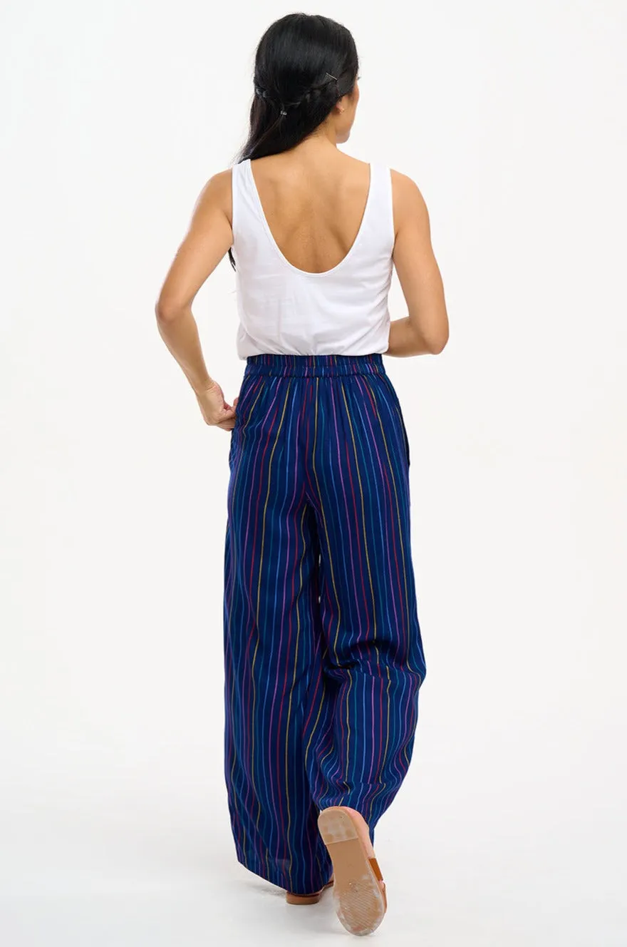 Patsy Palazzo Pants - Navy, Thin Rainbow Stripe