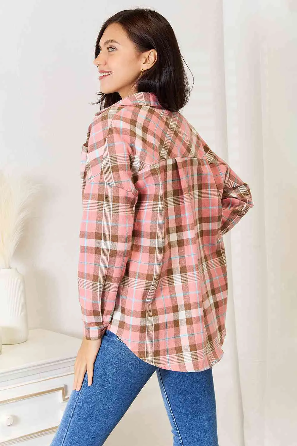 Peach Plaid Collared Neck Long Sleeve Button-Up Shirt