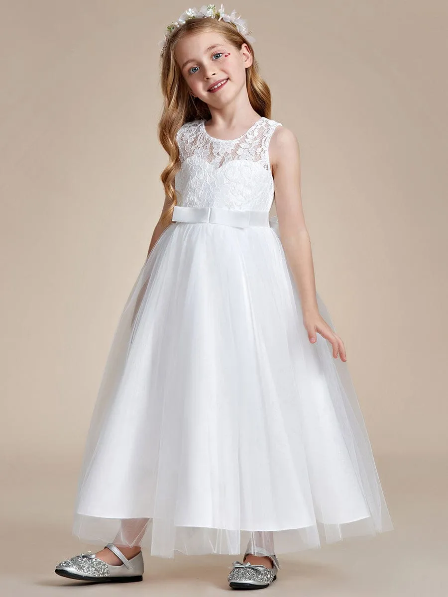 Princess Bow Sleeveless Lace Tulle Flower Girl Dress