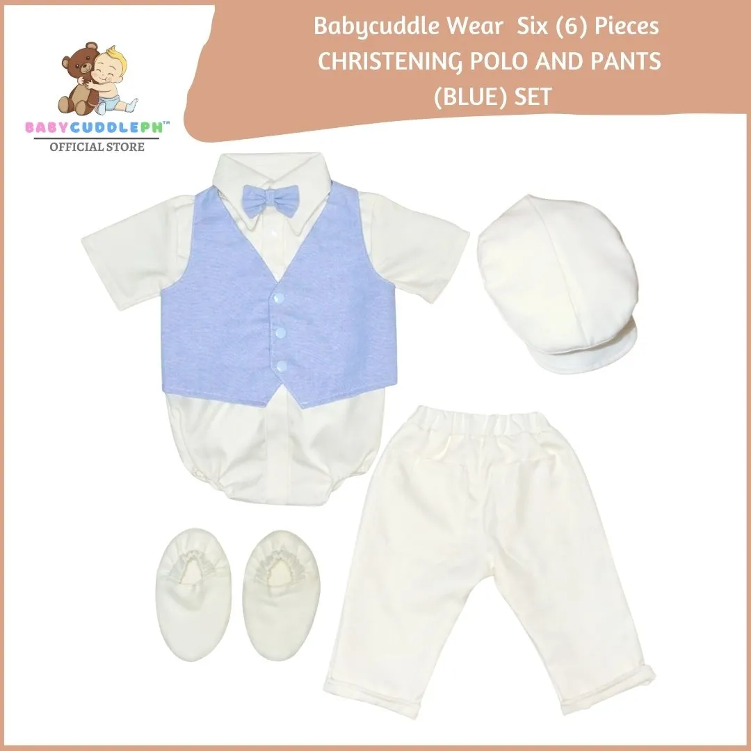 Six (6) Pieces Baptism Polo Onesie and Pants (Blue)