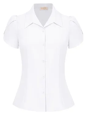 Summer Short Sleeve Button Down Blouse for Women V Neck Vintage Business Casual Shirts Tops