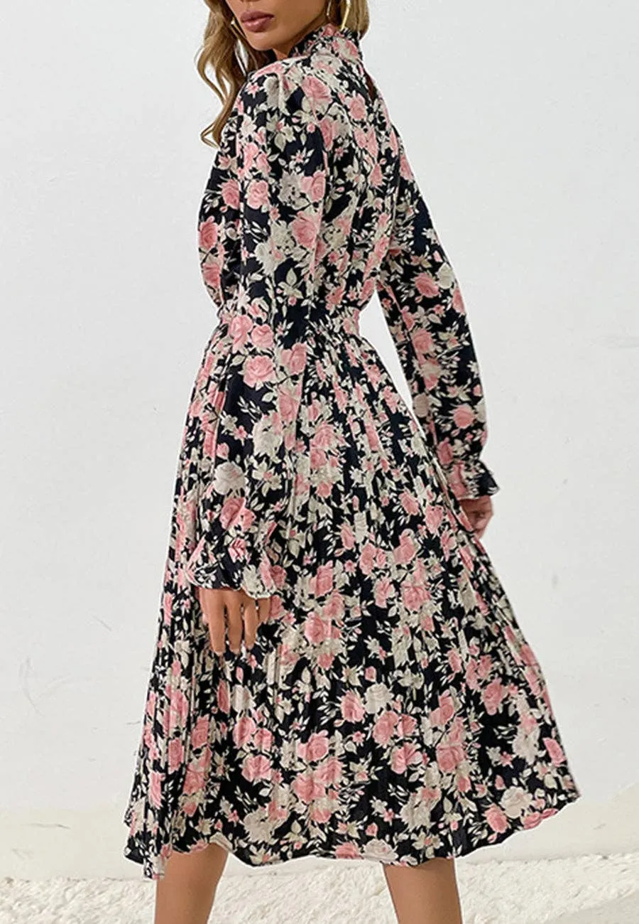 Tie Waist Pleated Floral Dress