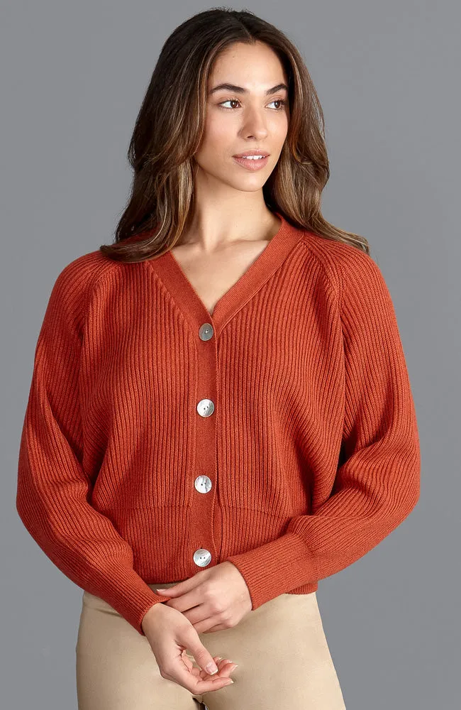 Womens Cotton Oversized V Neck Ribbed Cardigan